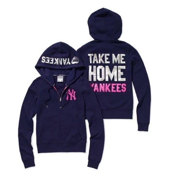PINK Victoria’s Secret New York Yankees MLB Navy Sequin Bling Zip Hoodie Jacket - Picture 1 of 9